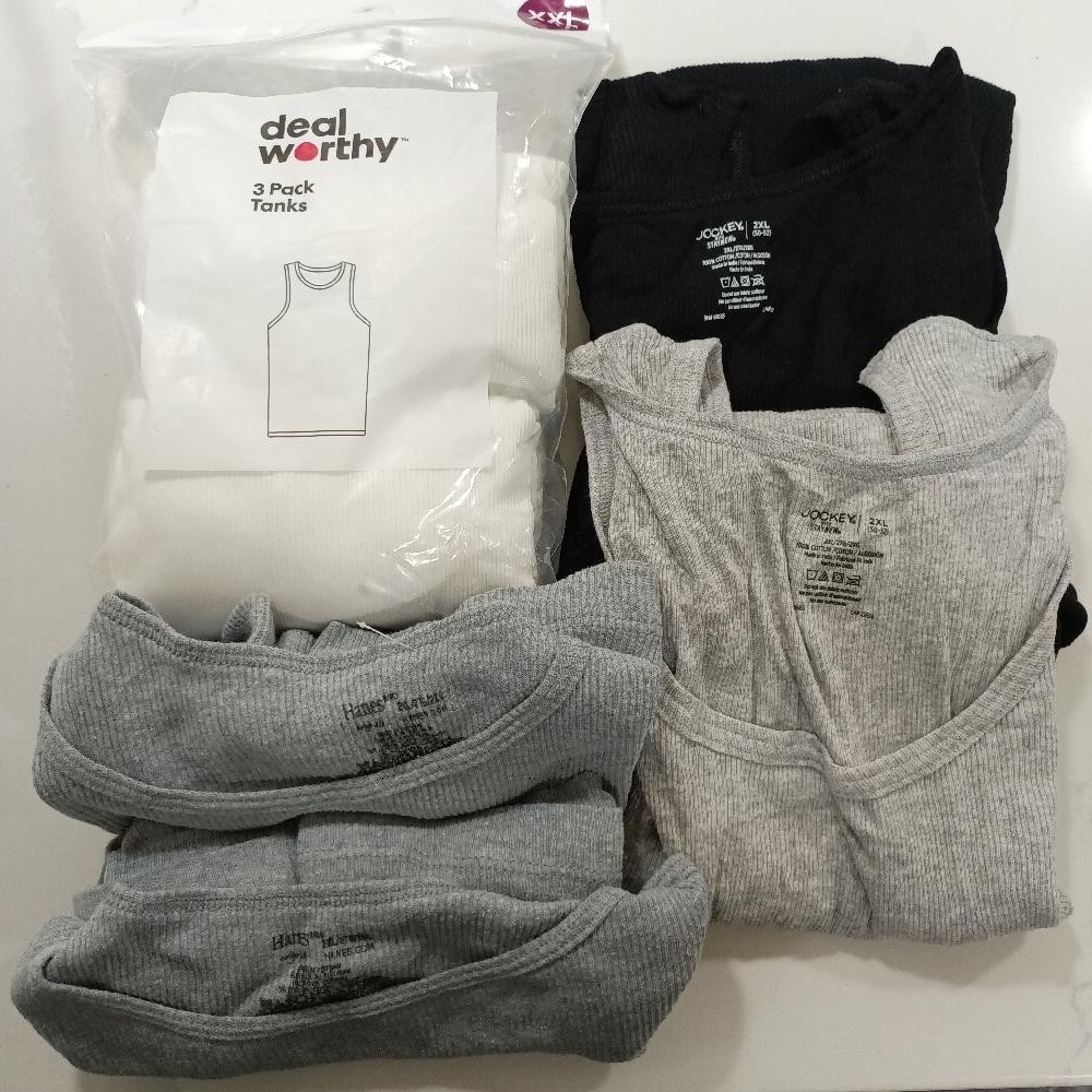 LOT of 6 - 2XL Tanks (2 White Dealworthy, 2 Grey Hanes, 1 Black & 1 Grey Jockey)