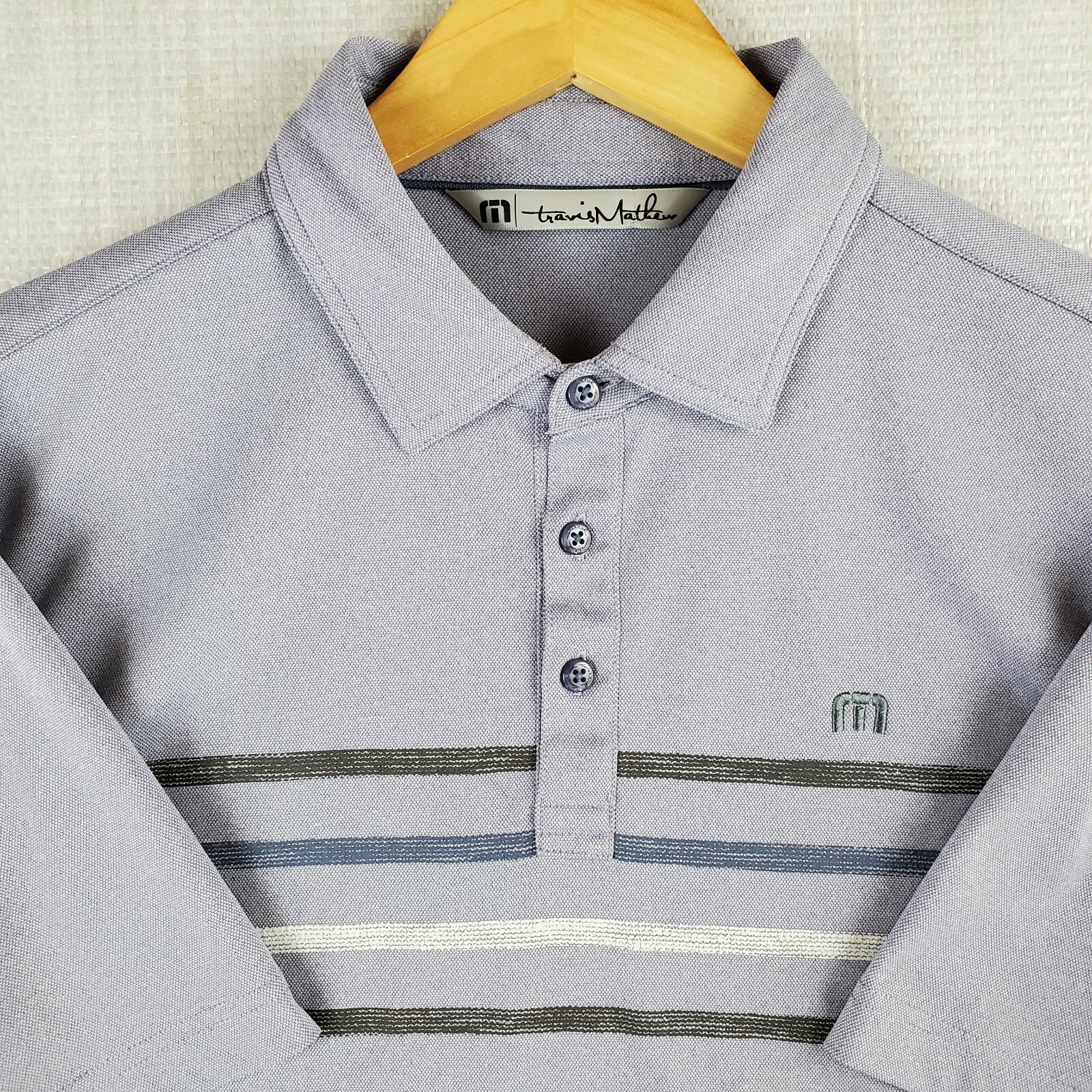 TRAVIS MATHEW Size Medium Mens Indigo Stripe Performance Golf Casual Polo Shirt gallery