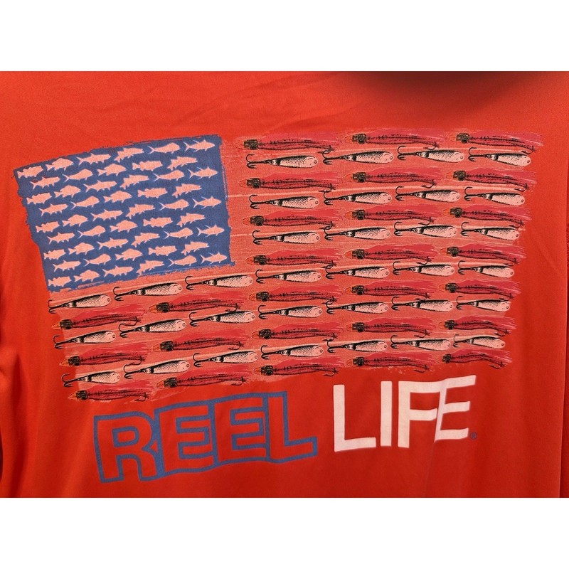 REEL LIFE Shirt Mens Small Red Fishing UPF 50+ Sun Ray Defender w/ American Flag gallery