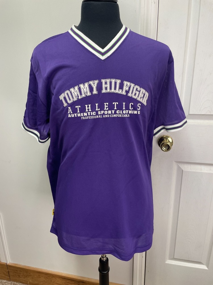 VTG Tommy Hilfiger Mens Large Purple Short Sleeve Jersey Shirt Athletics Sport L