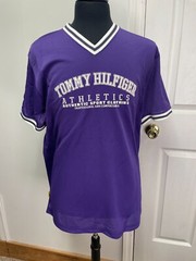 VTG Tommy Hilfiger Mens Large Purple Short Sleeve Jersey Shirt Athletics Sport L