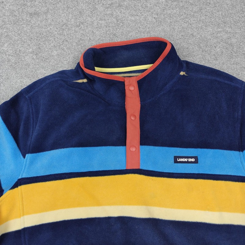 Lands' End Pullover Mens 2XL Multicolor Striped Fleece Snap Mock Neck Top gallery