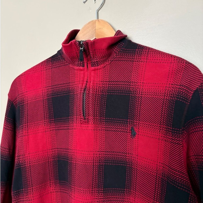 POLO Ralph Lauren Checked Buffalo Plaid Estate Rib Pullover 1/4 zip Sz S EUC gallery