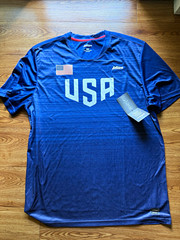 Mitre USA Soccer Jersey T-Shirt L Blue V-Neck Short Sleeve Wicking Poly Stripe
