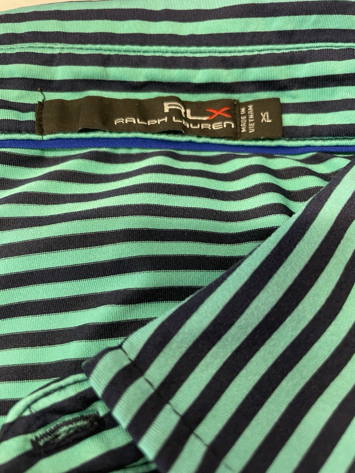 RLX / Woodland Hills CC Mens Sz XL Teal/Blue Stripped Golf Polo Shirt (B41) EUC gallery