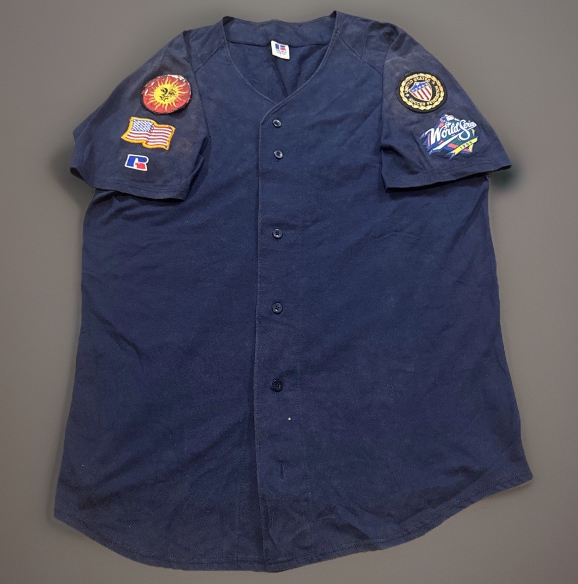 Vintage 90s Russell Athletic USA Baseball Jersey Assorted Patch Navy Blue Large gallery