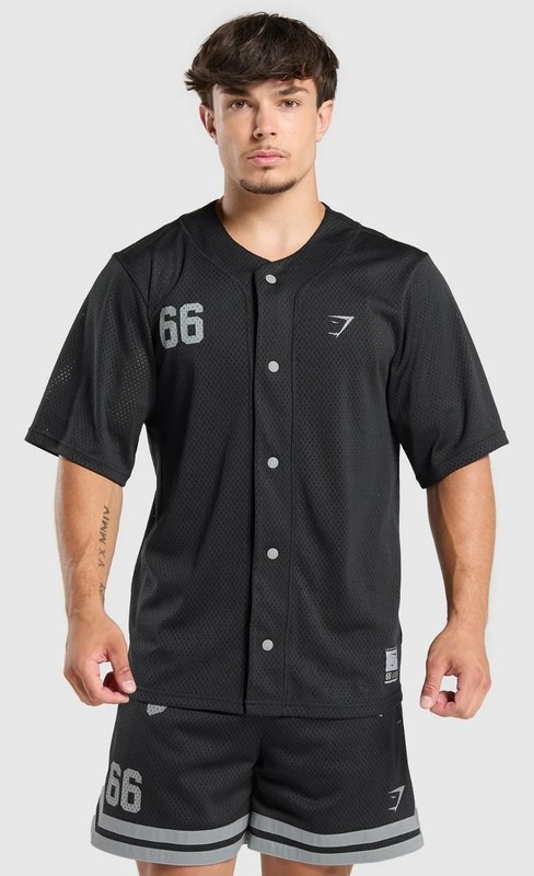 GYMSHARK 'Mesh Oversized Varsity Baseball Jersey' Men's Snap-Front Black XL gallery