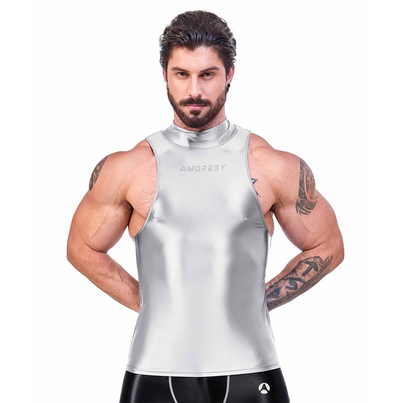 AMORESY Men Oil Glossy Activewear Tops Sport Vest Breathable Training Undershirt gallery