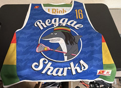 Stylin Reggae Sharks Graphic Mesh Jersey Tank Top XL Blue Breathable Crew Neck