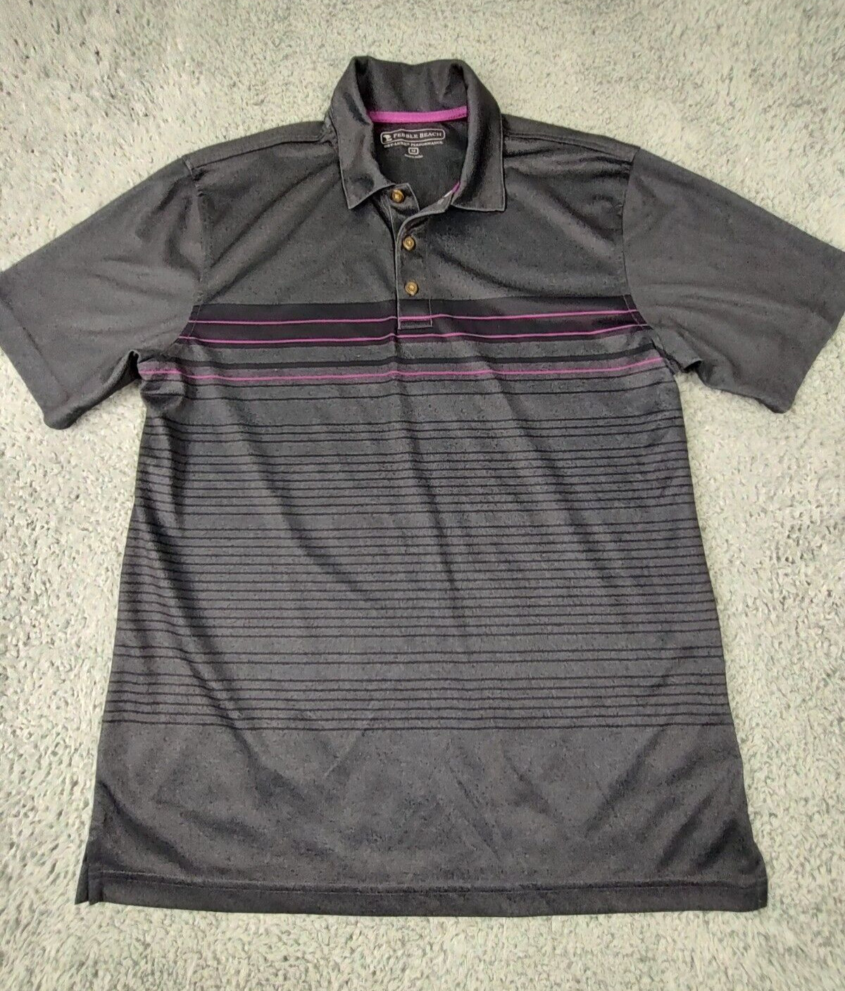 Pebble Beach Men's M Performance Polo Shirt Dark Charcoal Grey Purple w/Stripes gallery