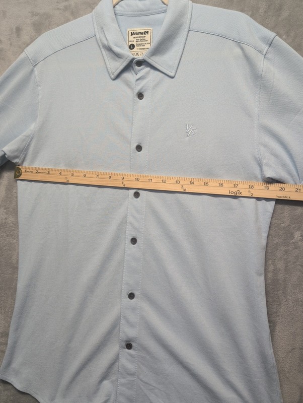 YoungLa Activewear Button Down Short Sleeve Slim Shirt Men Size Large Blue gallery