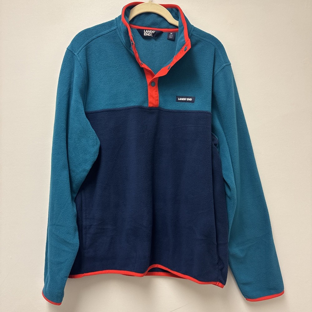 Lands' End Fleece Pullover Top Shirt Soft Stretch Teal Navy Orange Men's Size M