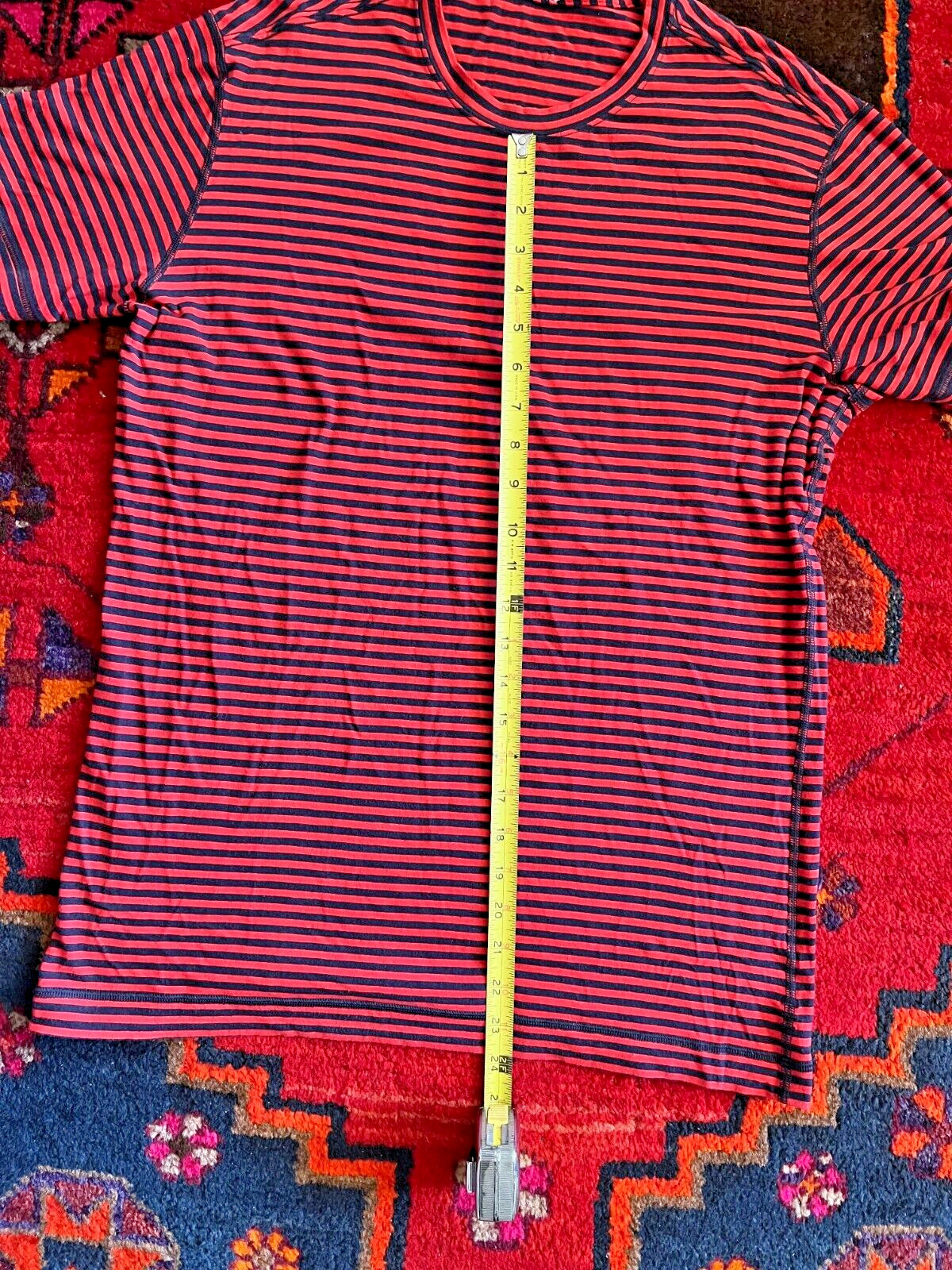 Lululemon Men’s Striped Tech Short Sleeve marked Med, 19 inch chest, unique Logo gallery