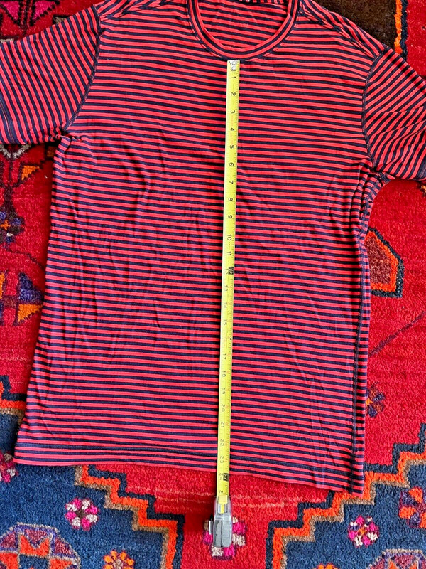 Lululemon Men’s Striped Tech Short Sleeve marked Med, 19 inch chest, unique Logo gallery