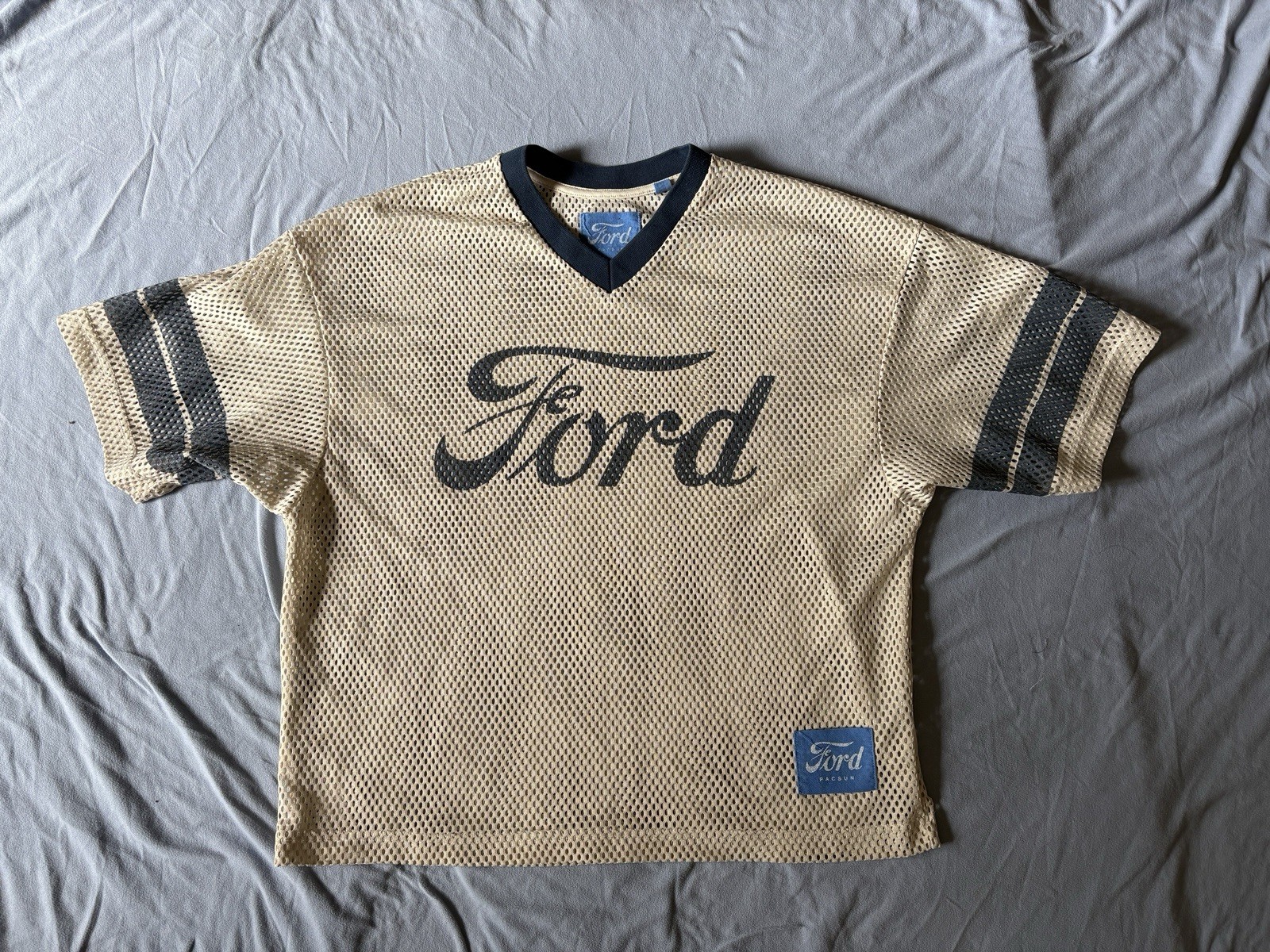 Ford Pacsun Mesh Jersey T-Shirt Cream With Blue Stripes Men's Size S gallery