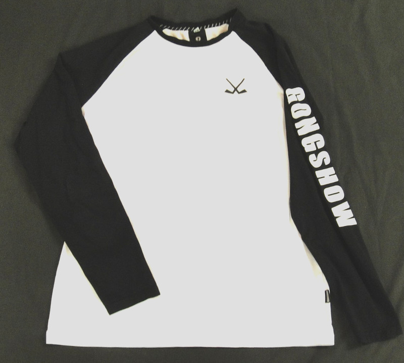 Gong Show Mens Long Sleeve T-Shirt White w Black Raglan Sleeves Hockey Sz Large gallery