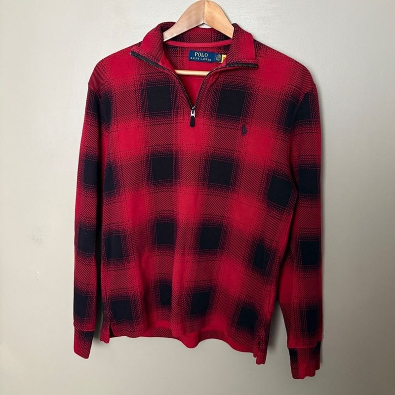 POLO Ralph Lauren Checked Buffalo Plaid Estate Rib Pullover 1/4 zip Sz S EUC gallery