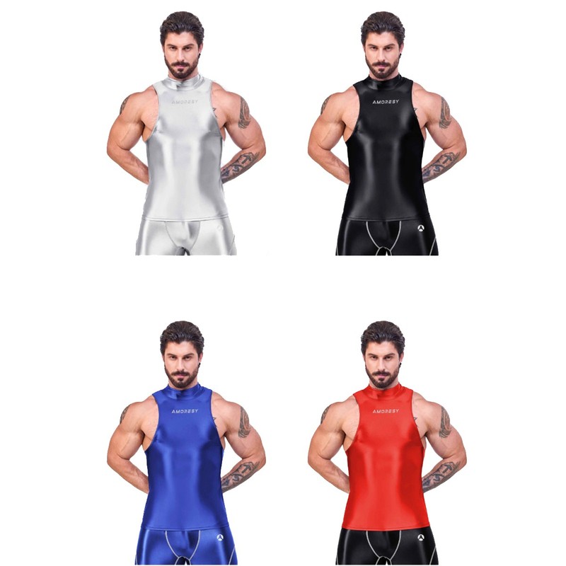 AMORESY Men Oil Glossy Activewear Tops Sport Vest Breathable Training Undershirt gallery