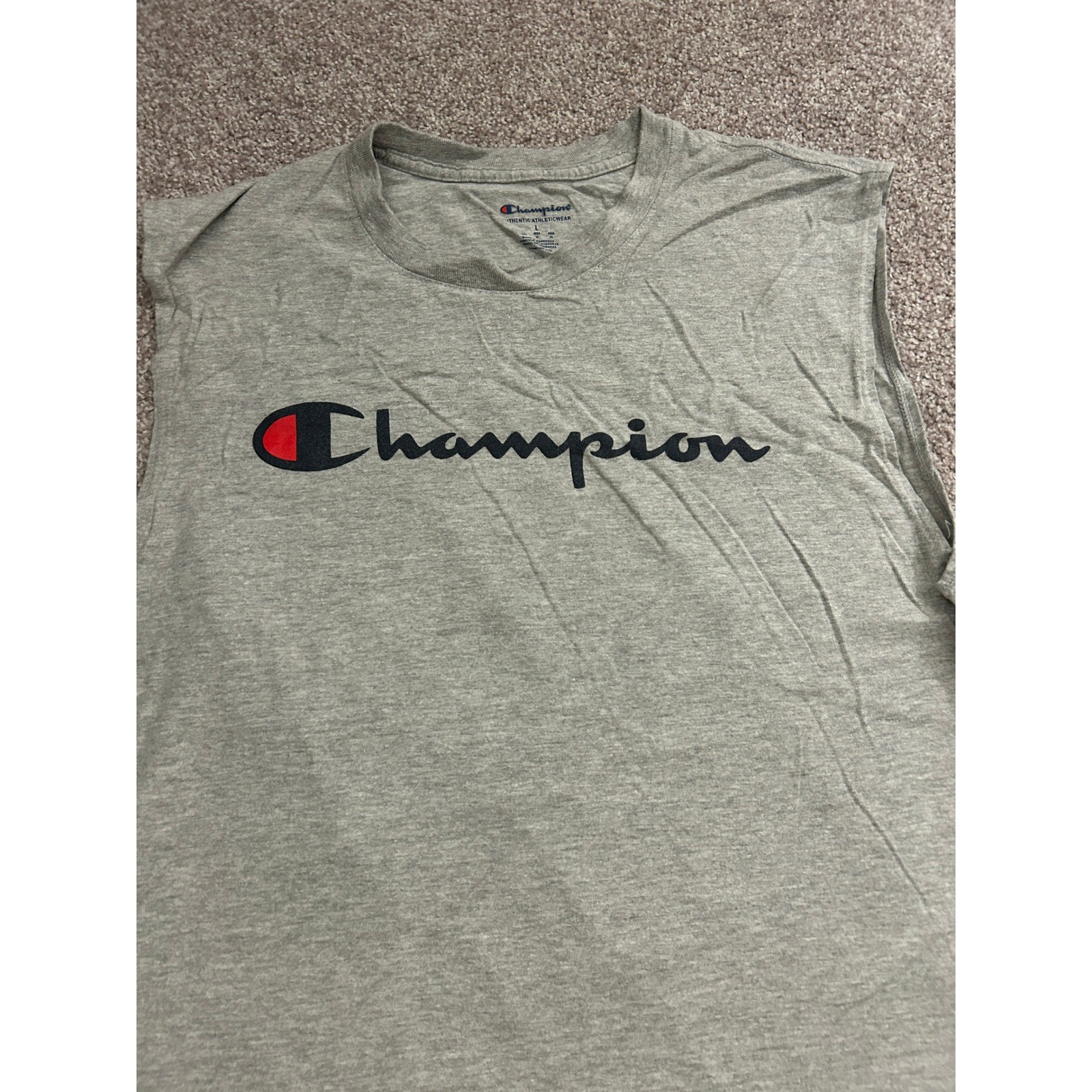 Champion Muscle Tee Mens Large Gray Excellent Sleeveless Script Logo Shirt gallery