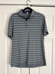 LULULEMON EVOLUTION POLO SHIRT IN BLUE GRAY STRIPE PATTERN SZ M