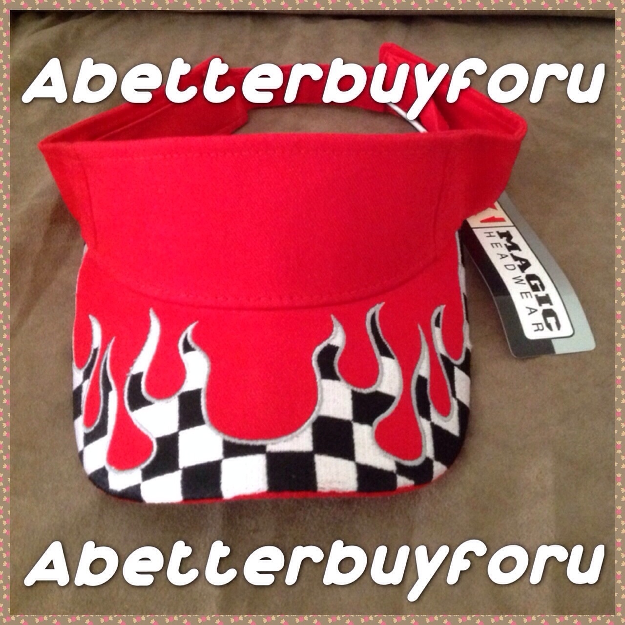 NWT adjustable red Magic Headwear checker flame visor, New with original tags gallery