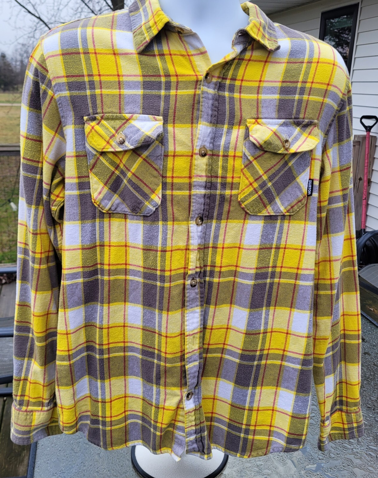 Burton Flannel, Men's Medium. Light, Yellow w/ Grey& Red Plaid. Long Sleeve. gallery