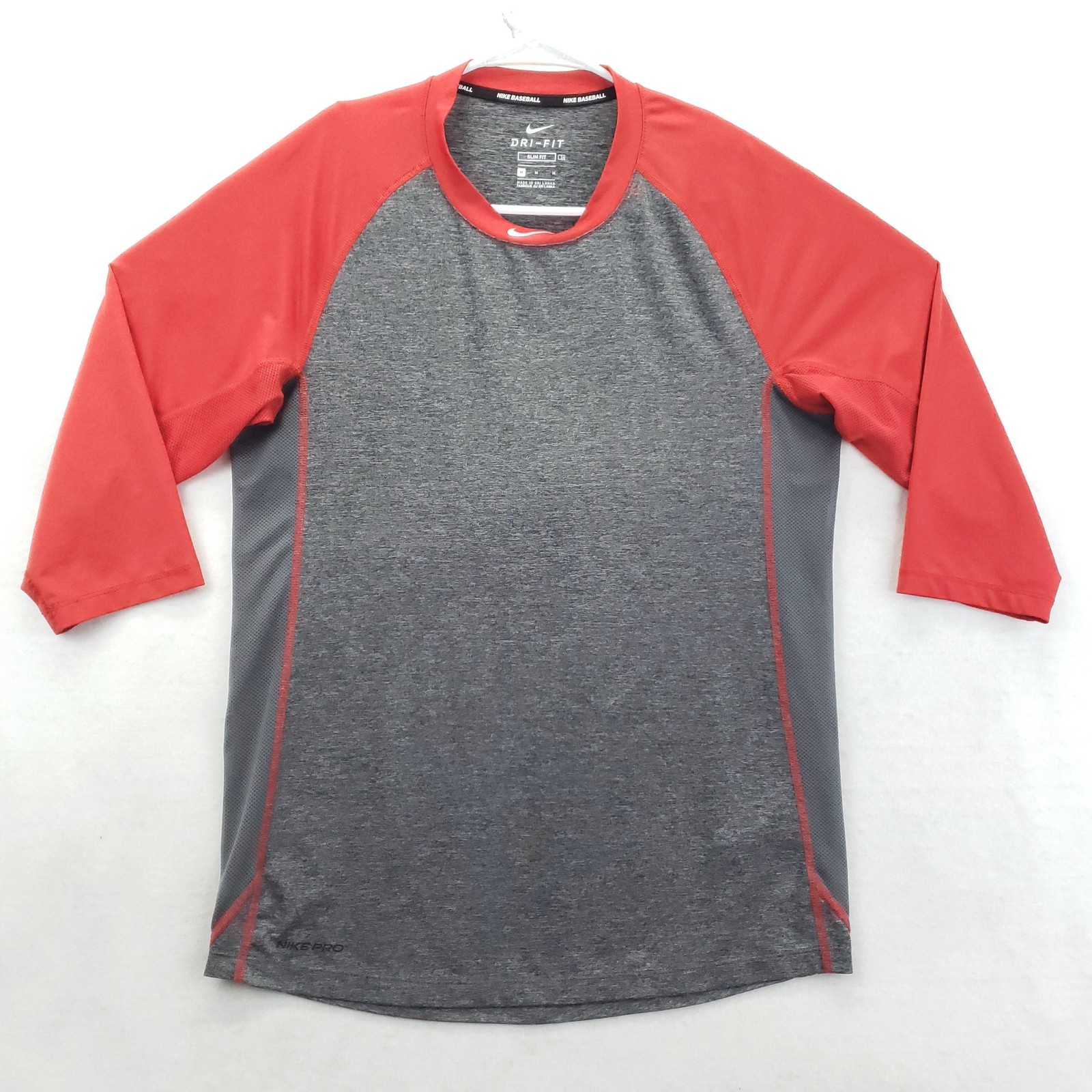 Nike Baseball Dri-Fit Pro Shirt Mens Medium Red Gray 3/4 Sleeve Slim Fit gallery