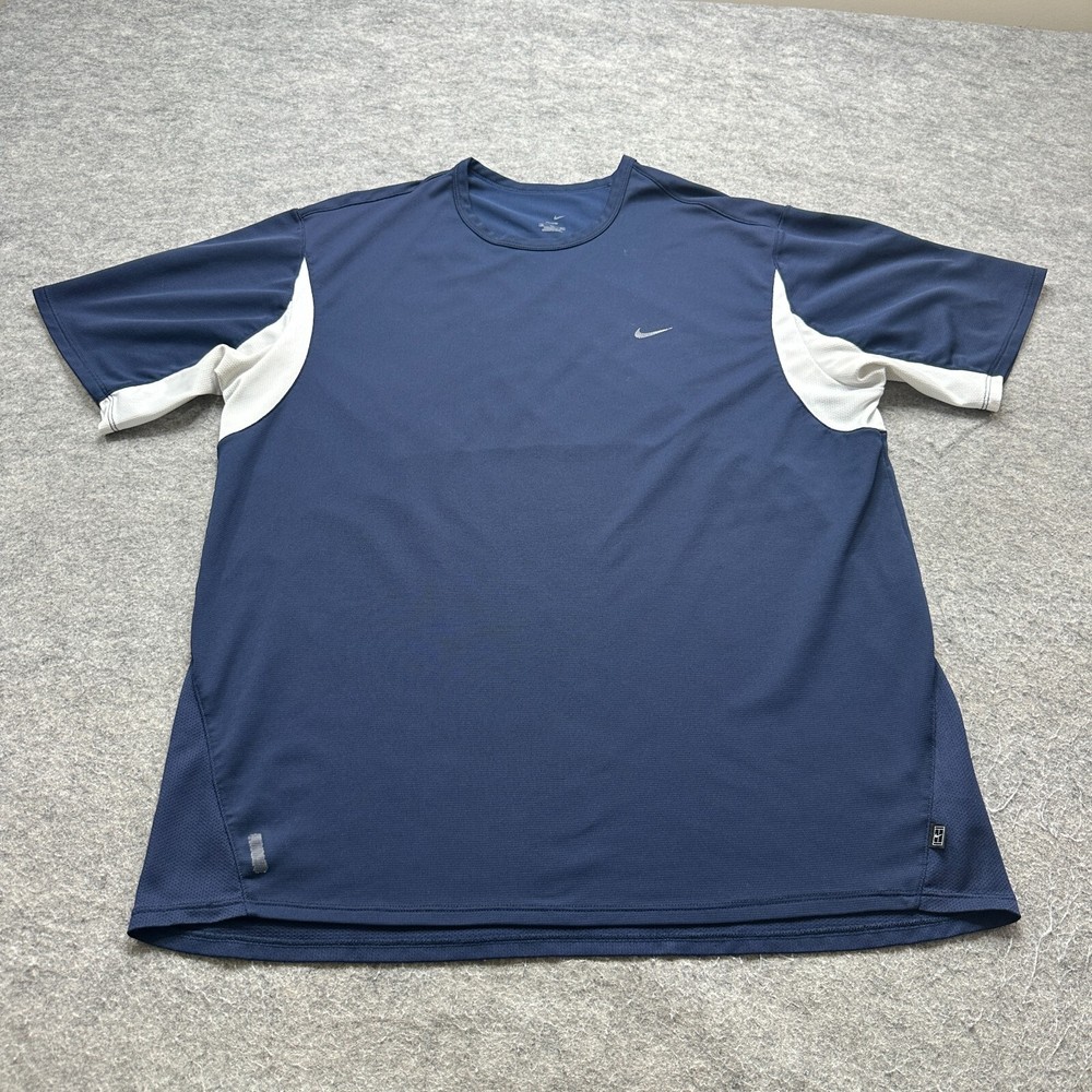 Nike Court Tennis Shirt Men XL Blue White Crew Performance Short Sleeve Mesh