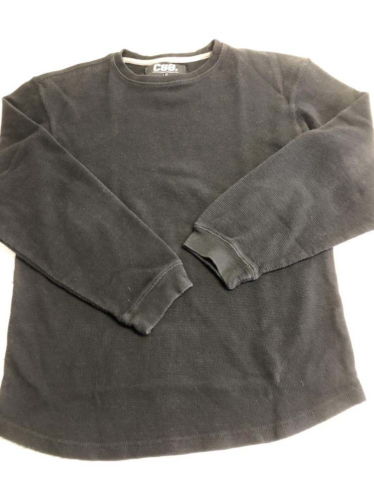 CSG Shirt Youth Large Black Thermal Waffle Knit Long Sleeve Cotton Crewneck