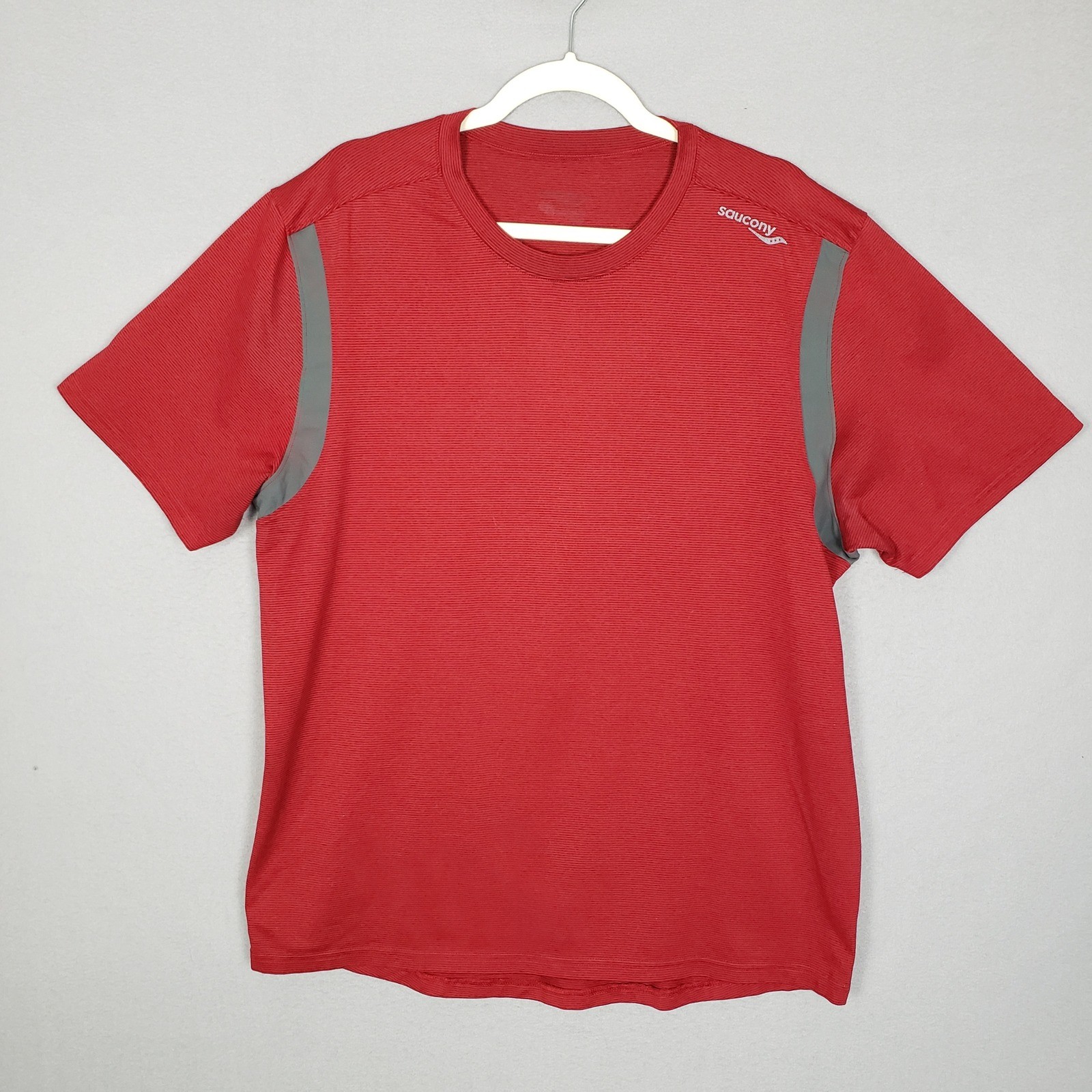 Saucony Men's XL Performance Running Tee Shirt Red Gray Stripe Athletic Workout gallery