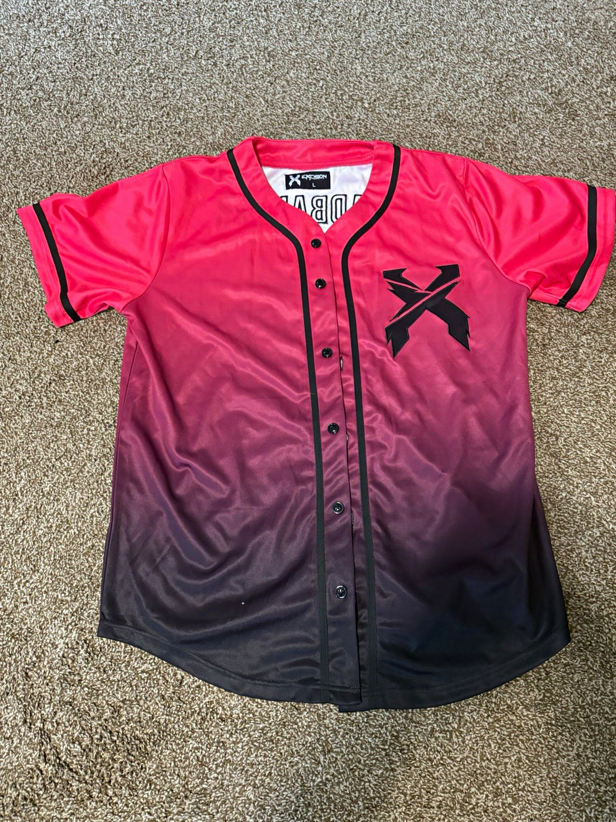 Excision Headbanger Button-Front Baseball Jersey Pink/Black Gradient Mens L gallery