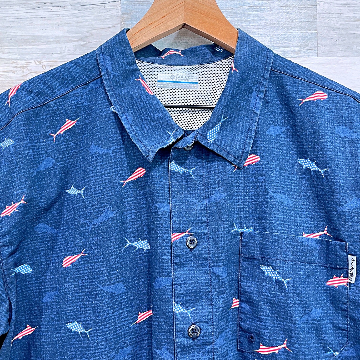 Columbia PFG USA America Flag Fish Short Sleeve Shirt Blue Button Up Mens Large gallery