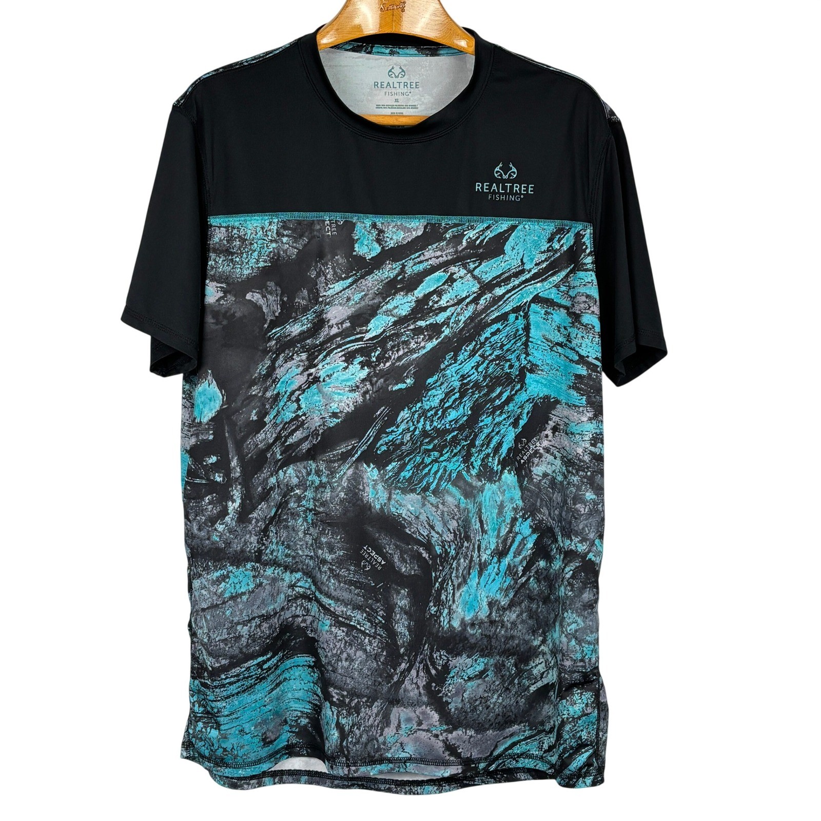 Realtree Fishing Aspect Camo Performance Shirt XL Black Teal Short Sleeve Tee gallery