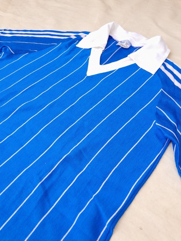 Vintage JUAN CASABELLA 70s Football Shirt Mens Small Blue White Stripes acrylic gallery