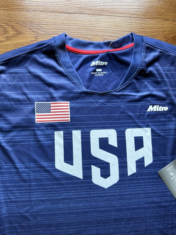 Mitre USA Soccer Jersey T-Shirt L Blue V-Neck Short Sleeve Wicking Poly Stripe gallery