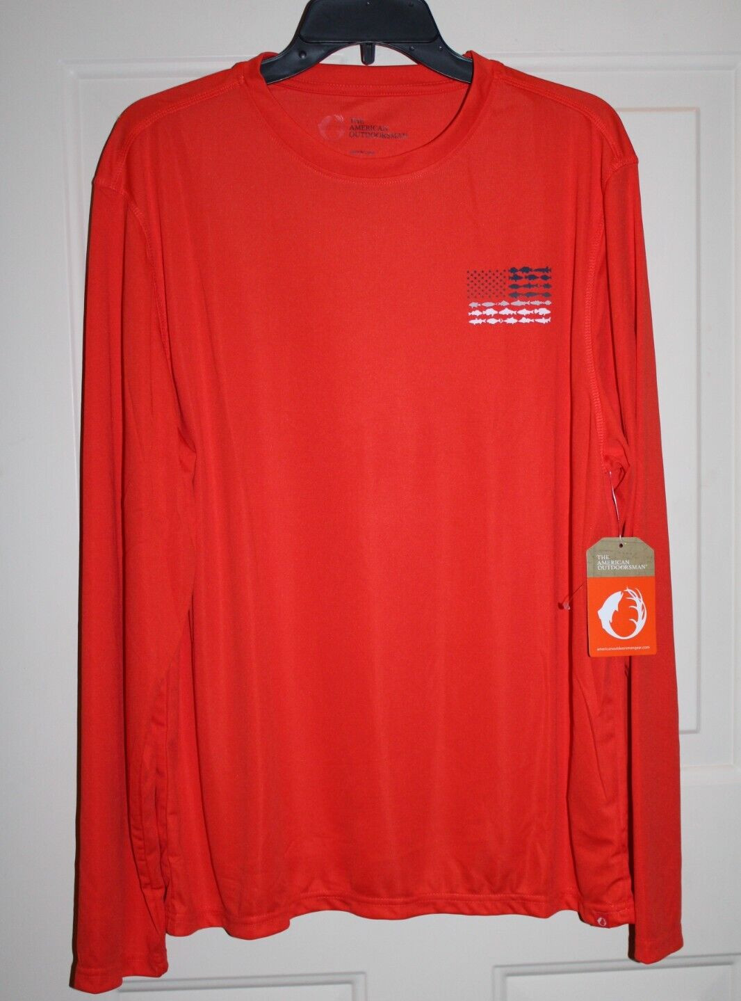 NWT American Outdoorsman Patriotic Flag Men's Large Orange L/S Shirt UPF 30+ gallery