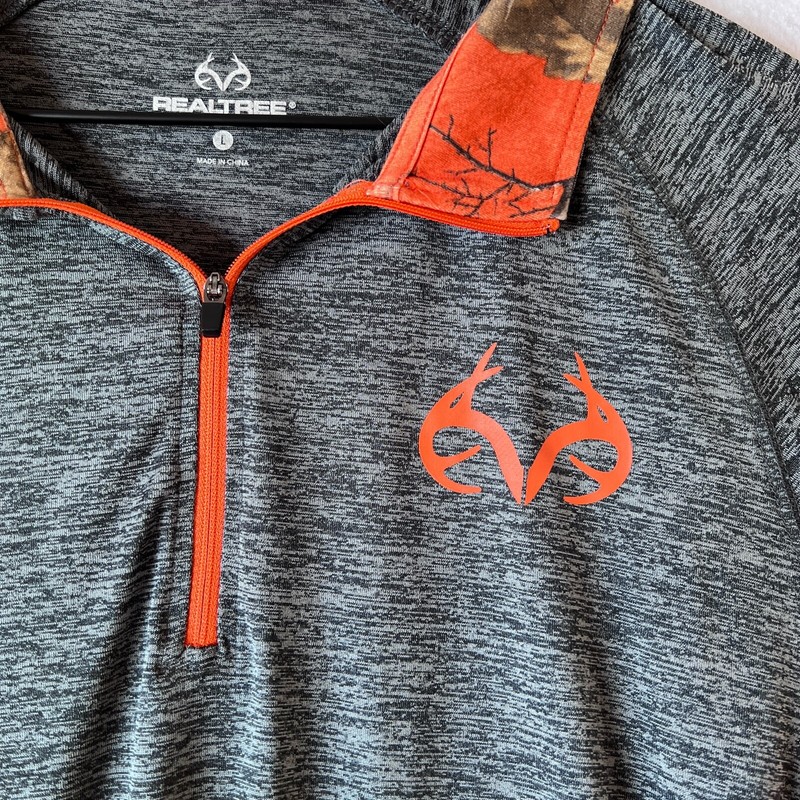 Realtree Mens Pullover Size Large L Quarter Zip Grey Heather Orange Camo gallery