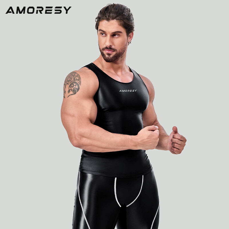 AMORESY Men Fashion Smooth Hurdle Tops Patchwork Tights Breathable Running Vests gallery