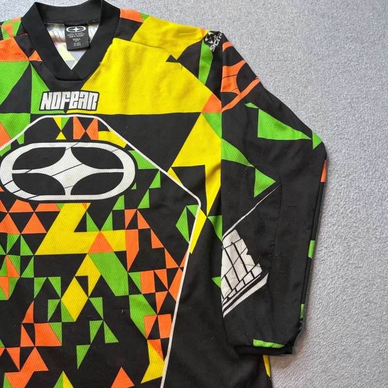 Vintage No Fear Motocross Jersey Mens Small Black Neon Geometric Spectrum BMX MX gallery