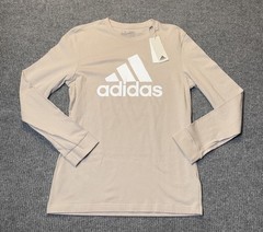 Adidas Men Small Essential Long Sleeve Cotton T-Shirt Wonder Beige Crew NEW