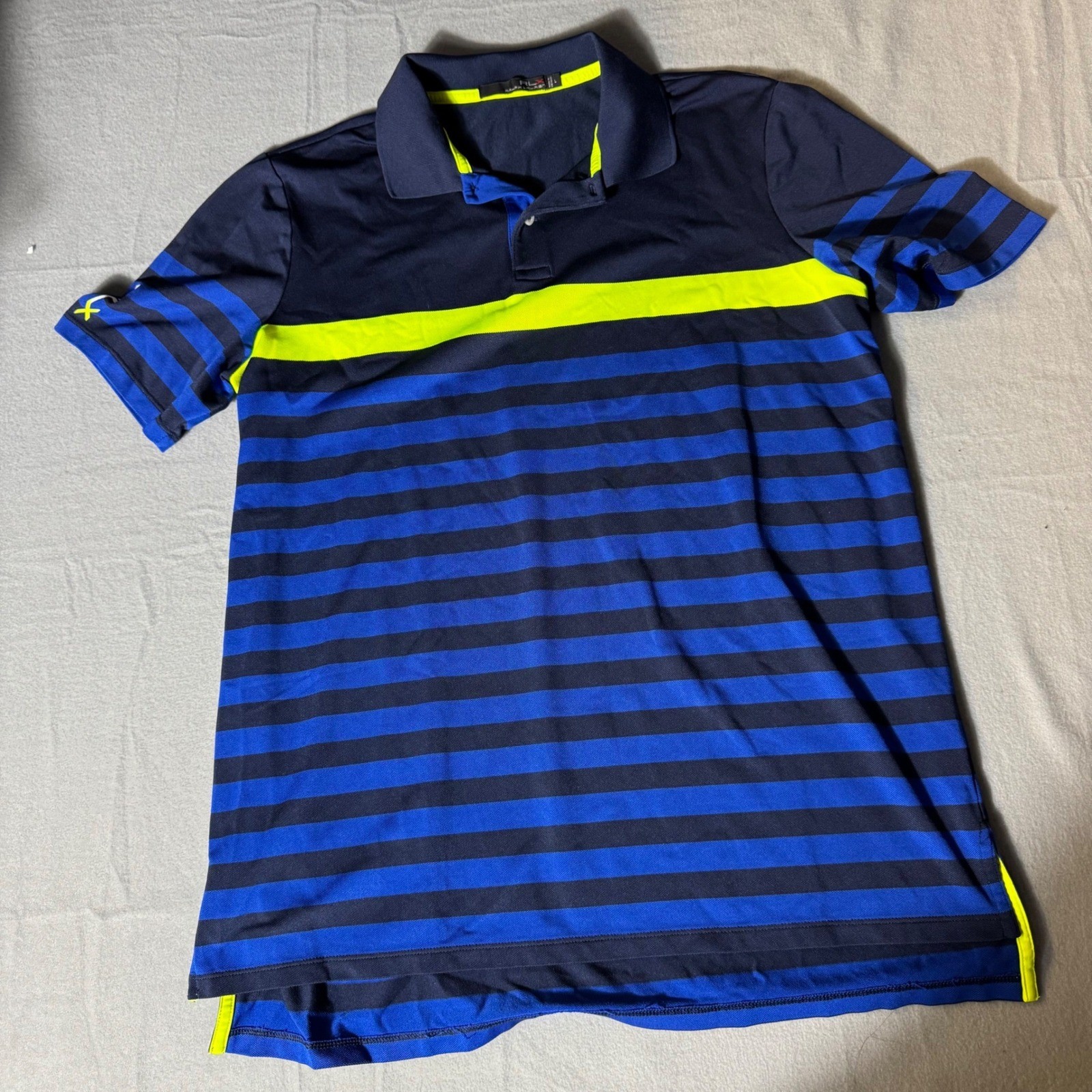 RLX Ralph Lauren Mens Blue Striped Performance Golf Polo Shirt Neon Yellow Large gallery