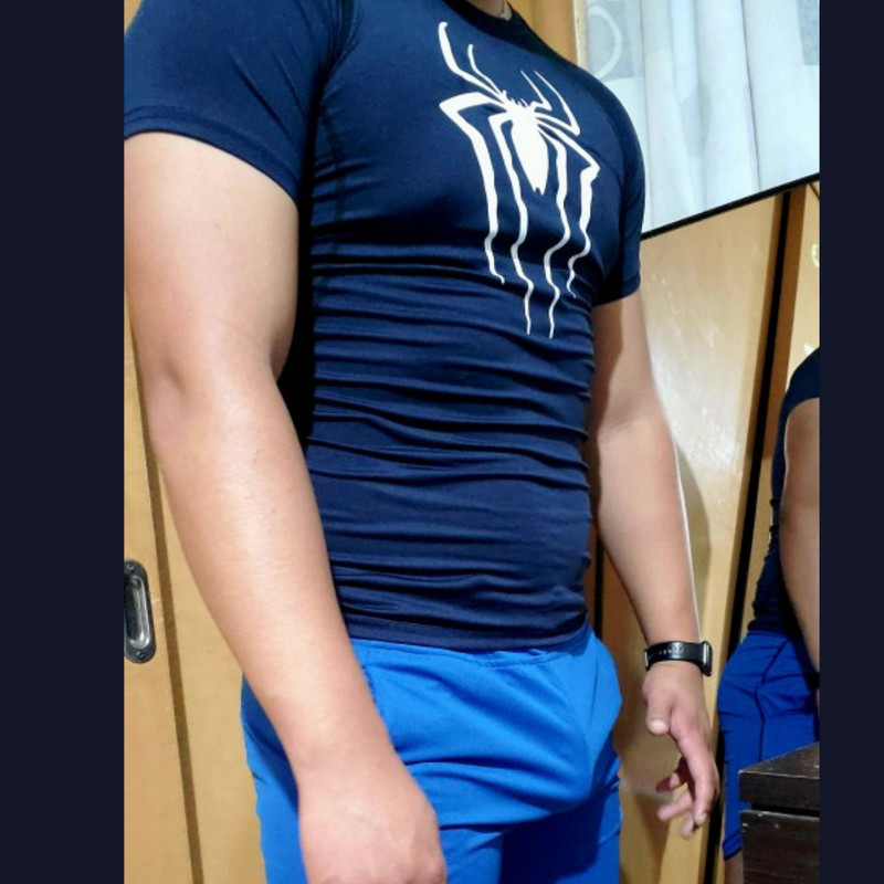 Black Compression shirt for men, short sleeves, spider chest gym t-shirt gallery