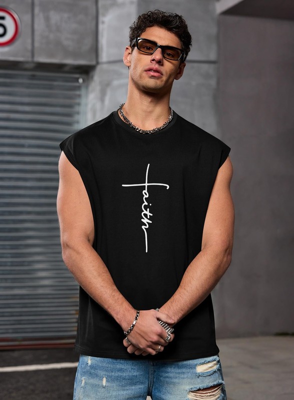 VOGSTART Men's Side Slit Muscle Gym Crewneck Sleeveless Tank Top Black L gallery