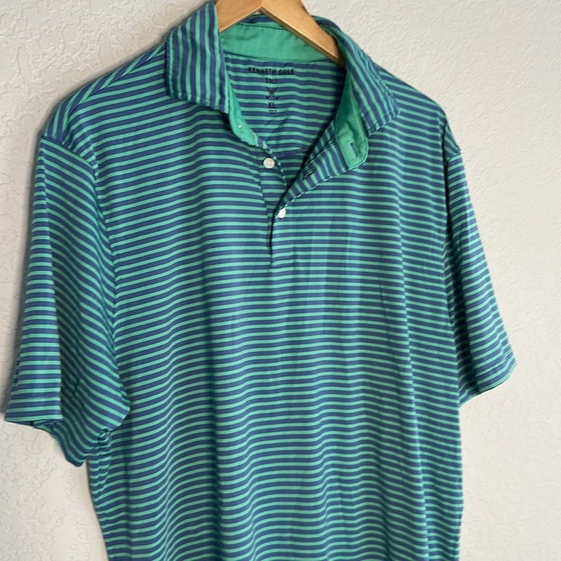 Kenneth Cole Golf Polo Shirt Green Blue Stripe Preppy Outdoor KC Logo Men's XL gallery