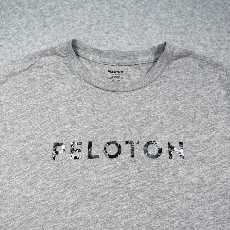 PELOTON Mens L Grey T Shirt Floral Camo Logo Short Sleeve Athleisure Gym gallery