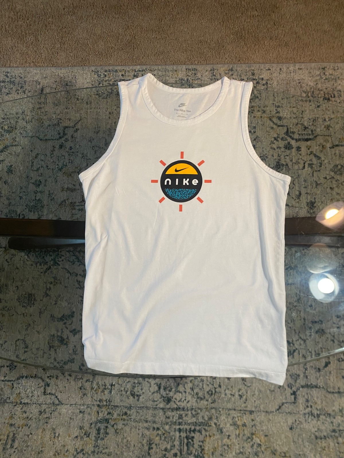 Nike Graphic Tank Top Mens Medium M White Sun Swoosh Sleeveless Gym Activewear gallery