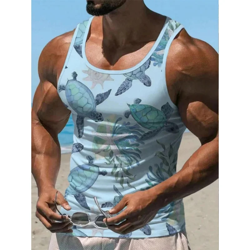 3D Printed Coconut Trees Tank Tops For Man Gradient Sea Fish Pattern Tees Summer gallery