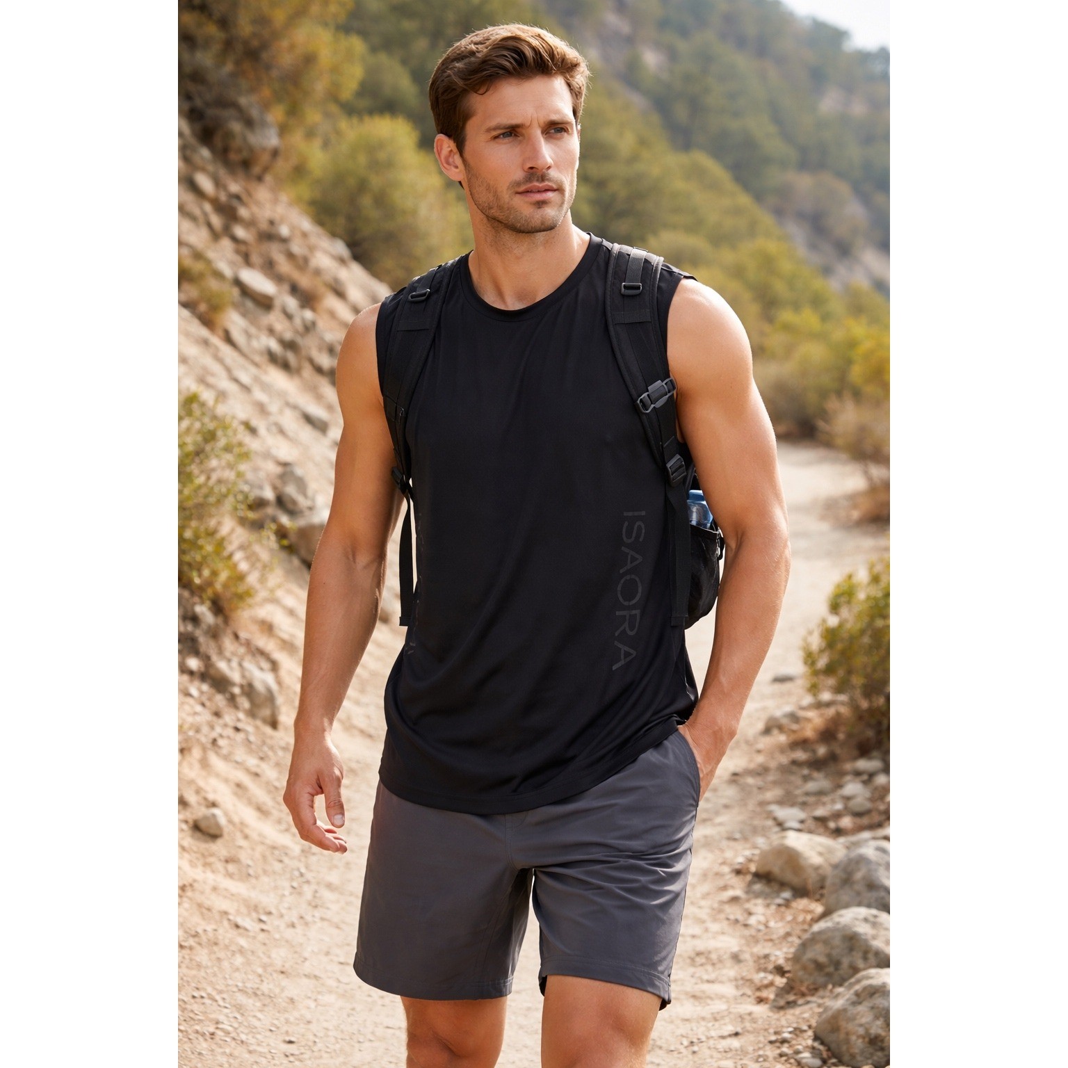 ISAORA Men Black Performance Mesh Back Muscle Tank Top Size Large Made in Turkey gallery
