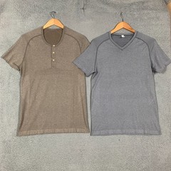 Lot of 2 Lululemon Metal Vent Tech T-Shirts Mens Medium Brown/Gray Henley V Neck