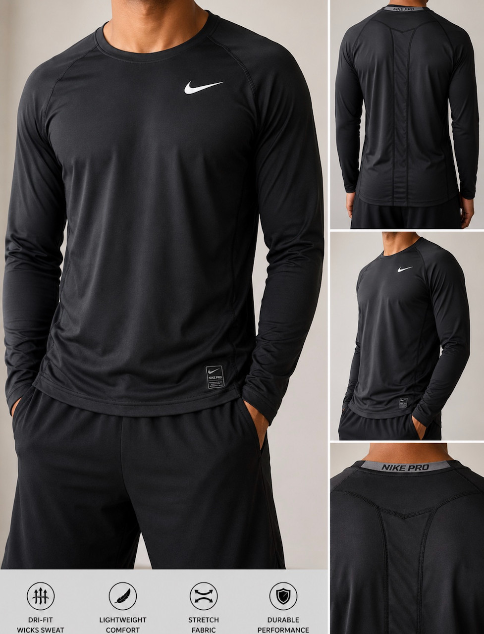 Nike Pro DRI-FIT Compression Long Sleeve Crew Neck Shirt Black Men’s L gallery
